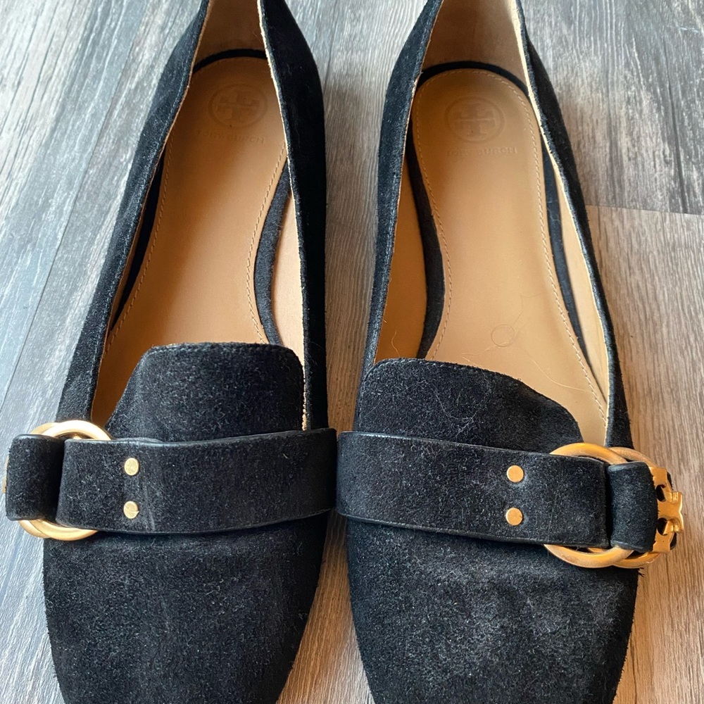 Tory Burch Black Suede Flats with Gold Accent